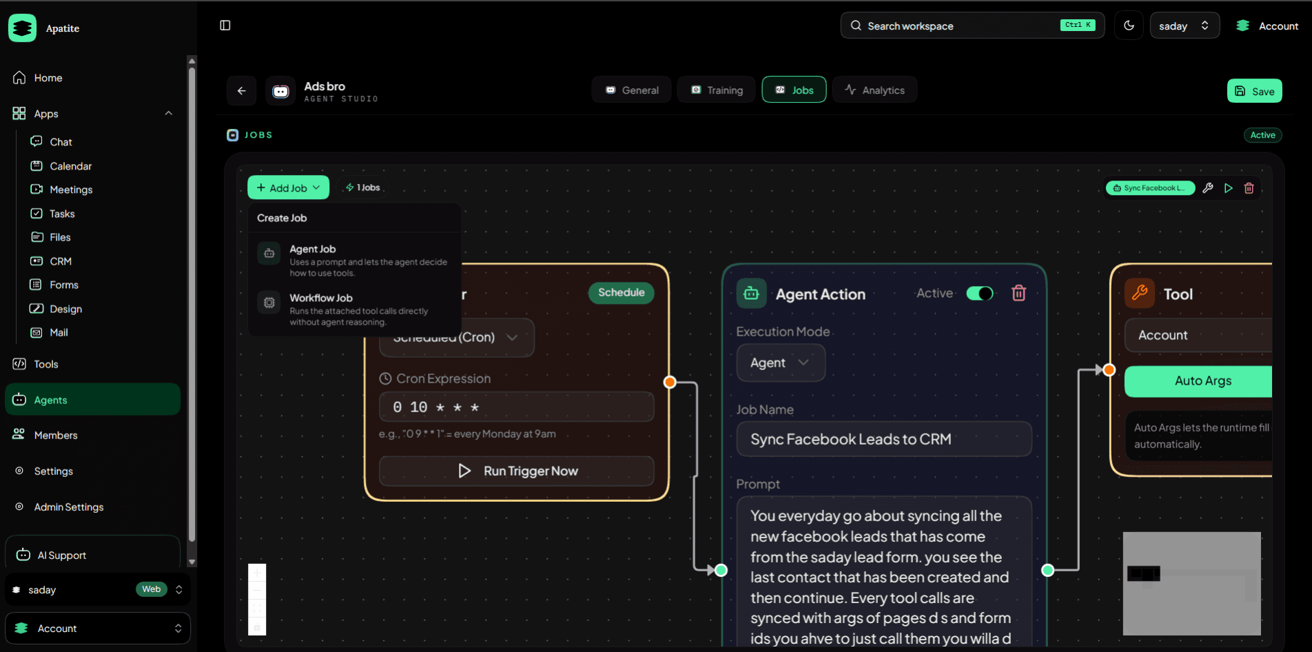 Apatite platform workspace showing tools, categories, and AI workflows