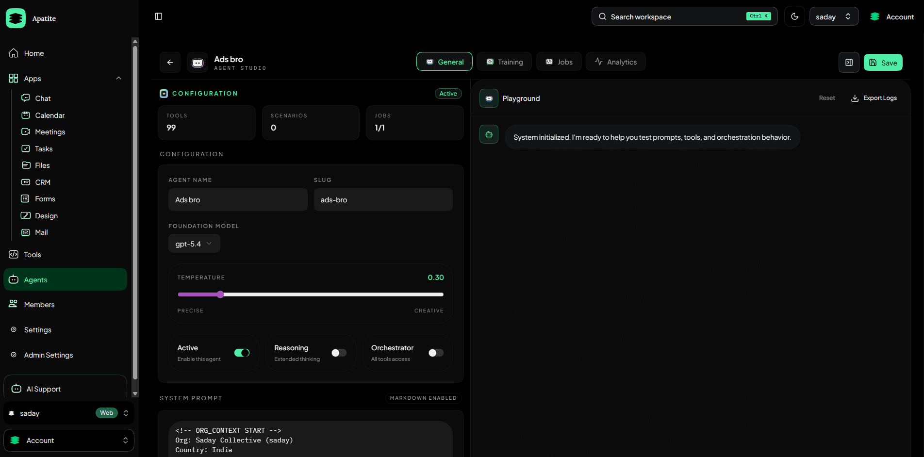 Configure — Model, prompt, tools.