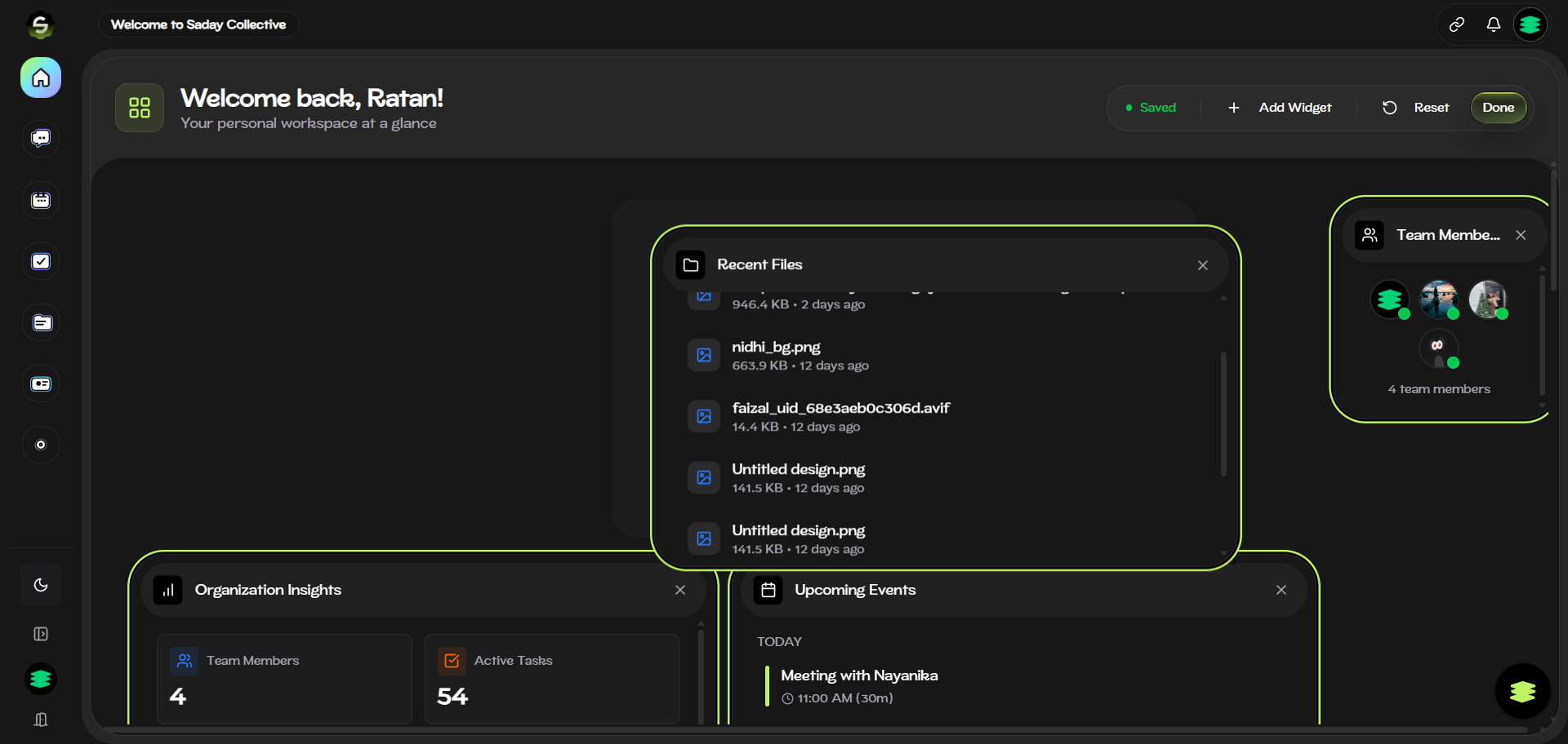 Apatite workspace dashboard with upcoming events and team context