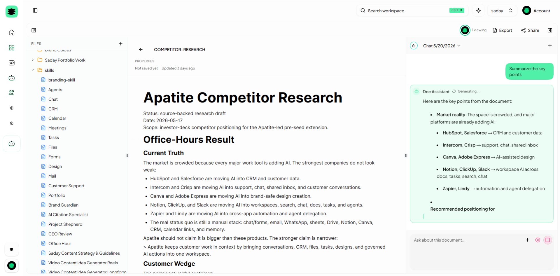 Apatite document workspace with file folders and document assistant