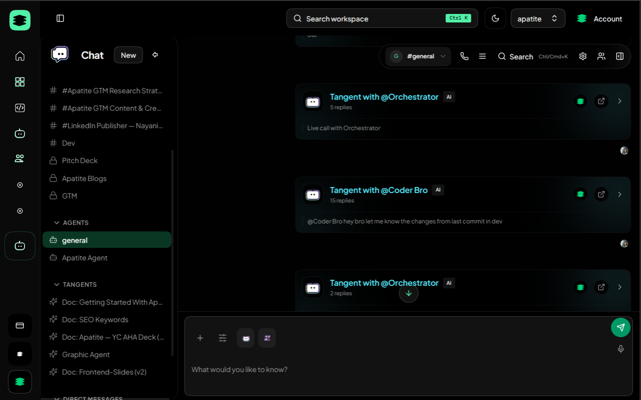 Apatite Chat workspace with channels, agents, and a shared composer
