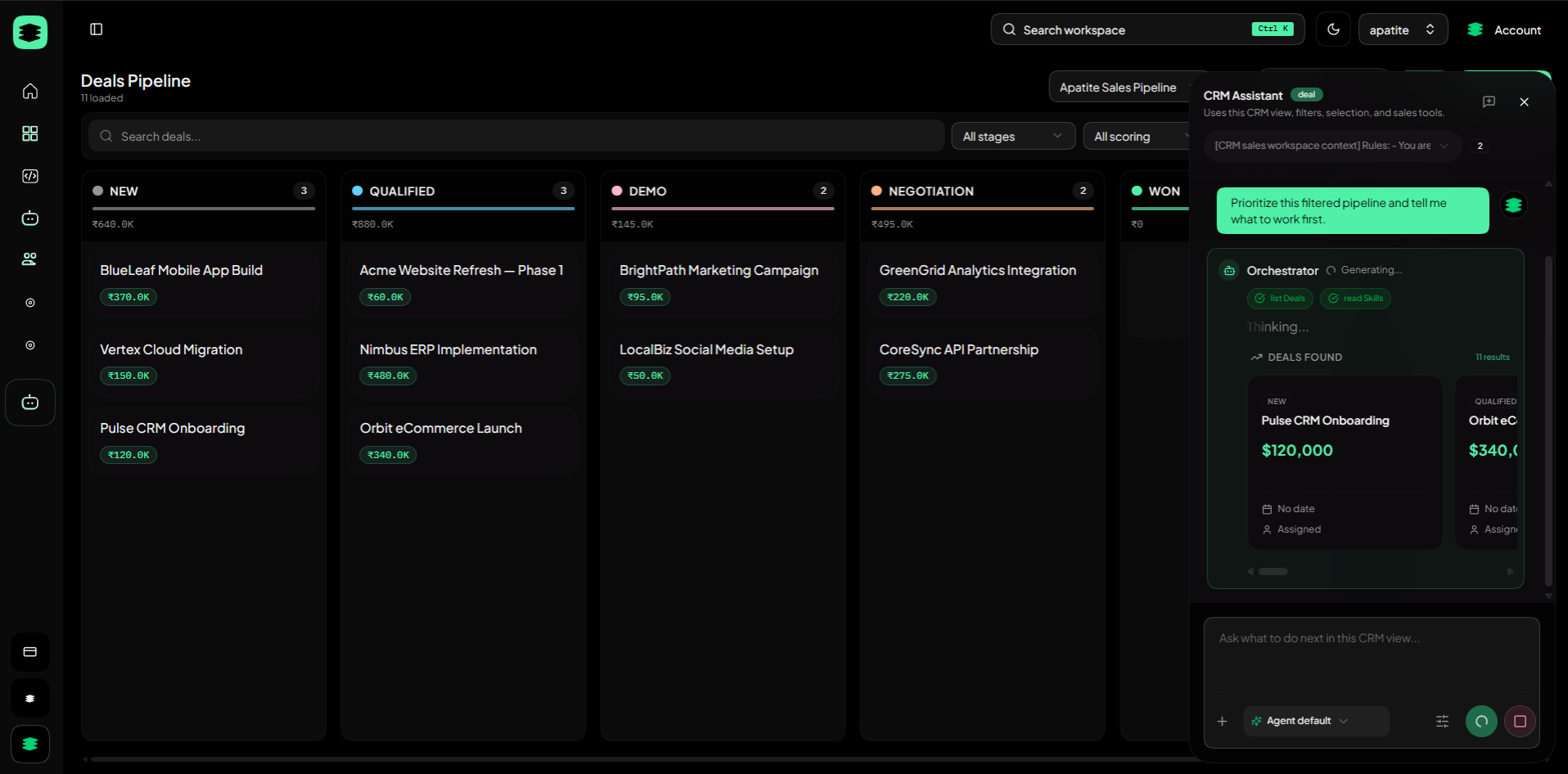 Apatite CRM deals pipeline with an assistant panel