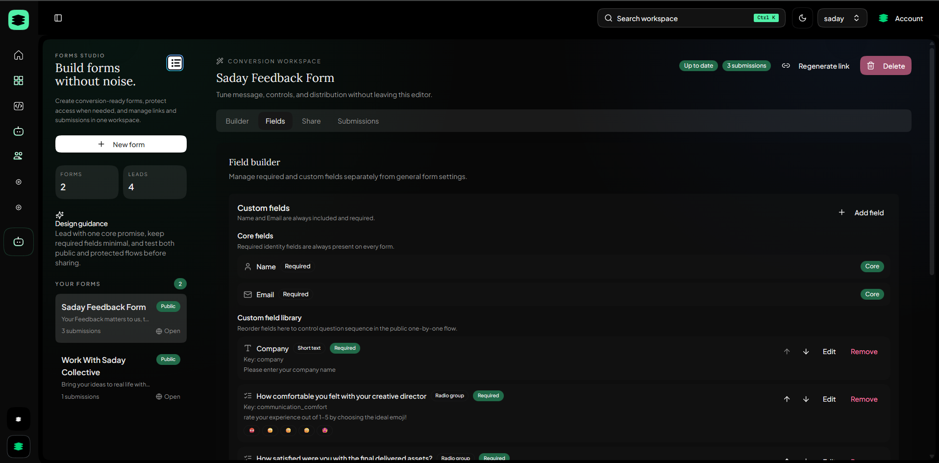 Apatite Forms studio with field builder and submission controls