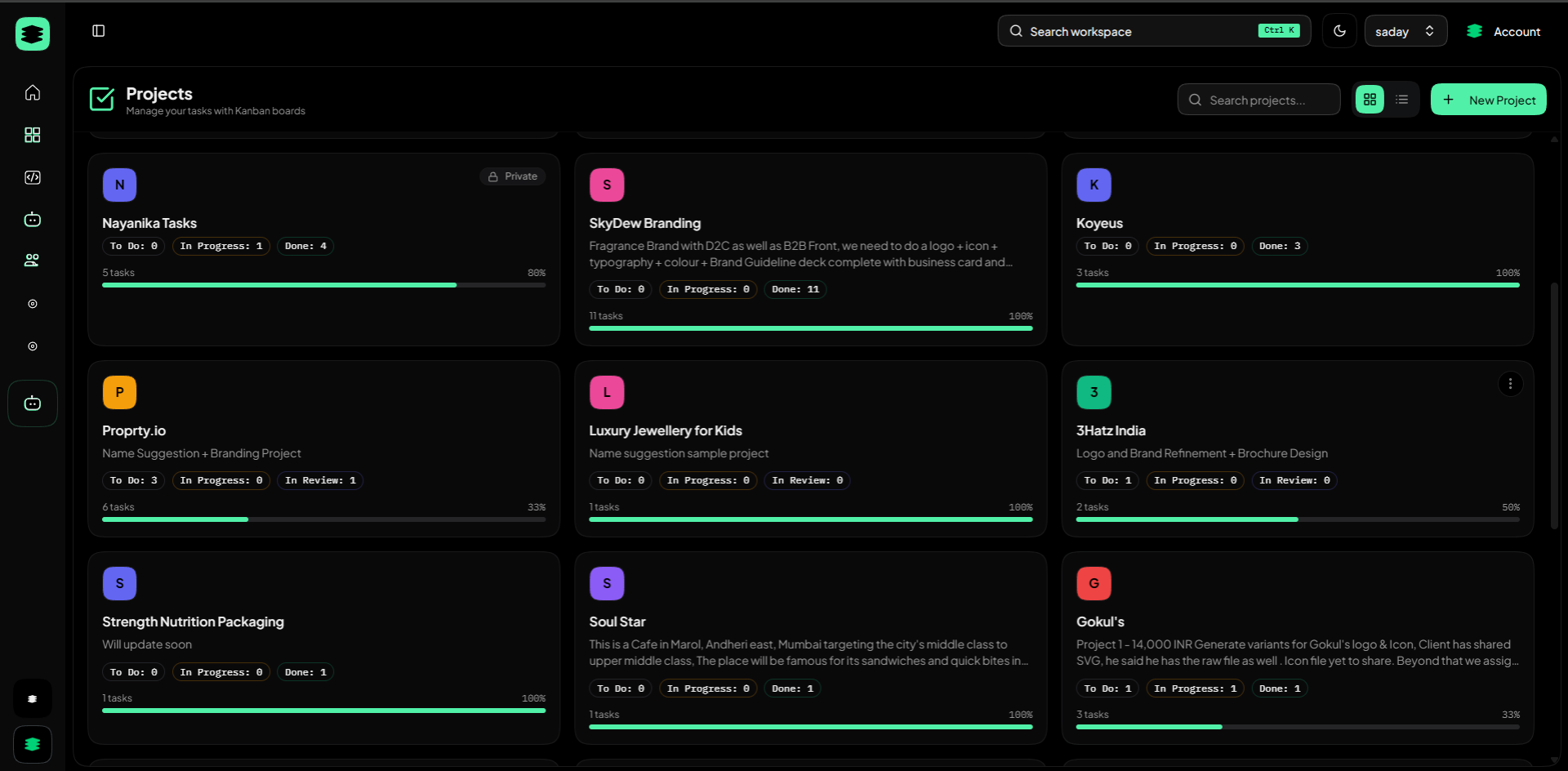 Apatite Projects grid showing project boards and progress
